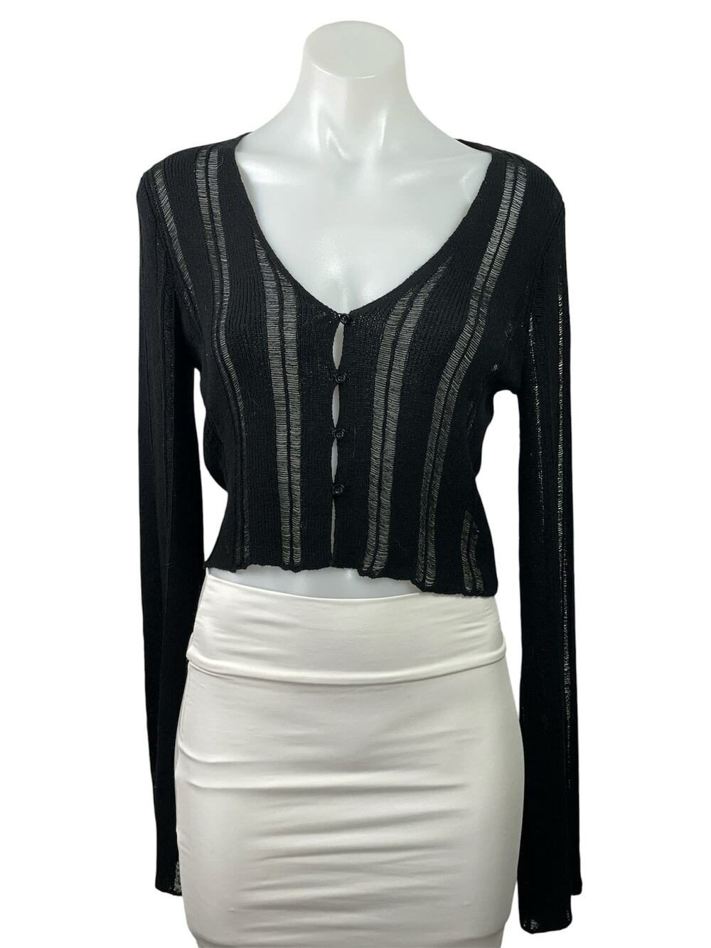 Victoria + Sophia Black Ribbed Knit Semi Sheer V Neck Button Up Crop Top Size S